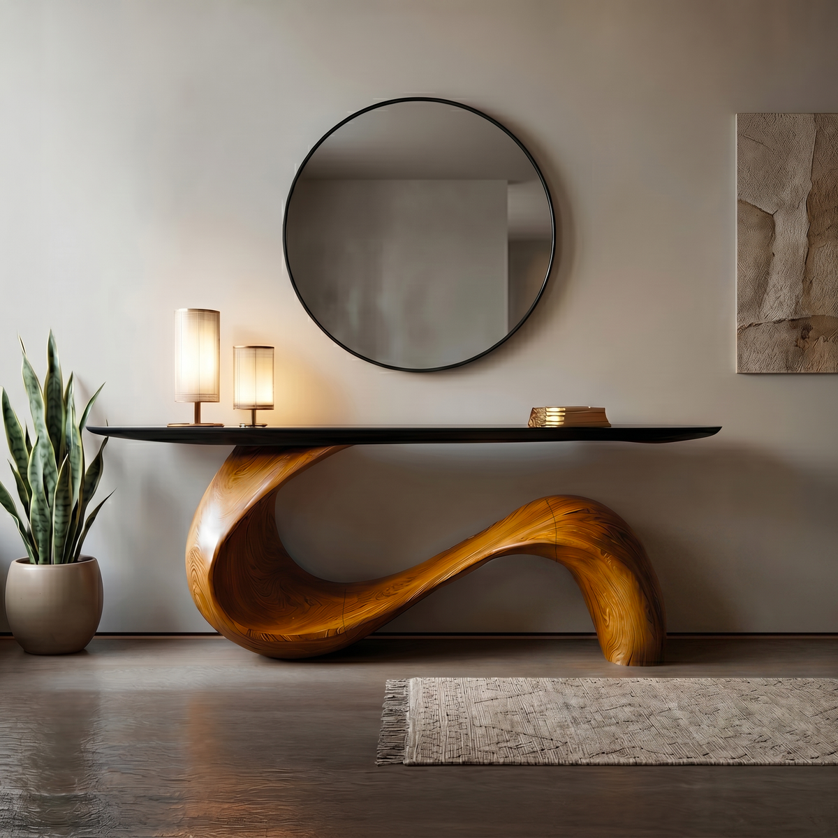 Mid-Century Sculptural Solid Wood Console Table for Entryway