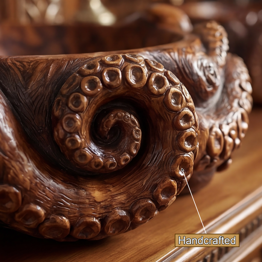 Hand-Carved Solid Wood Octopus Vessel Sink with Sculpted Tentacles - view 6