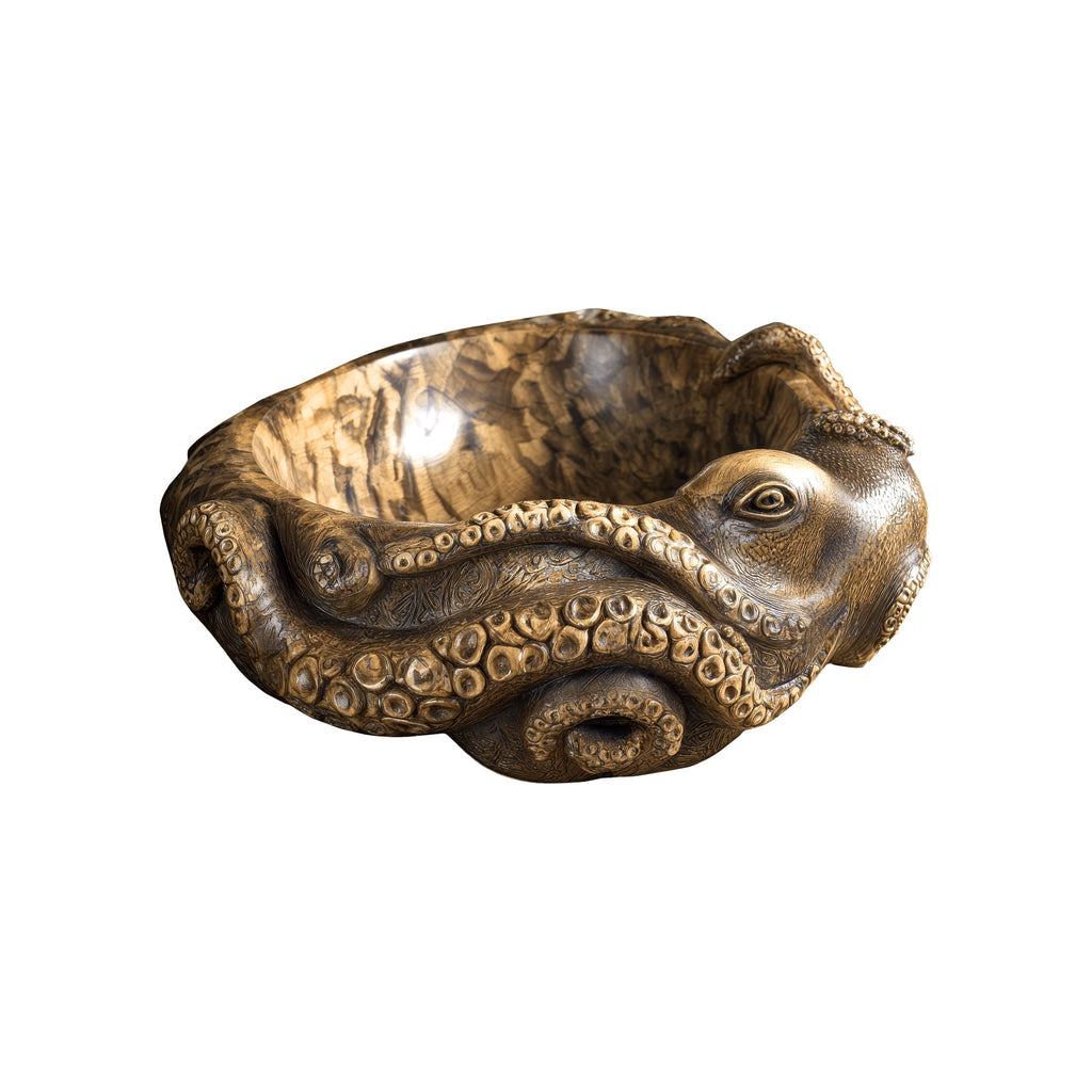 Hand-Carved Solid Wood Octopus Vessel Sink with Sculpted Tentacles in Natural Oak finish