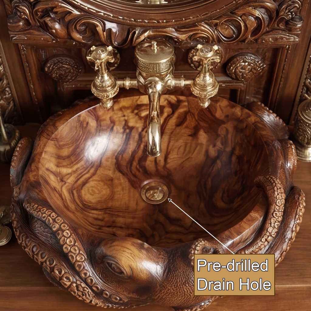 Hand-Carved Solid Wood Octopus Vessel Sink with Sculpted Tentacles - view 3
