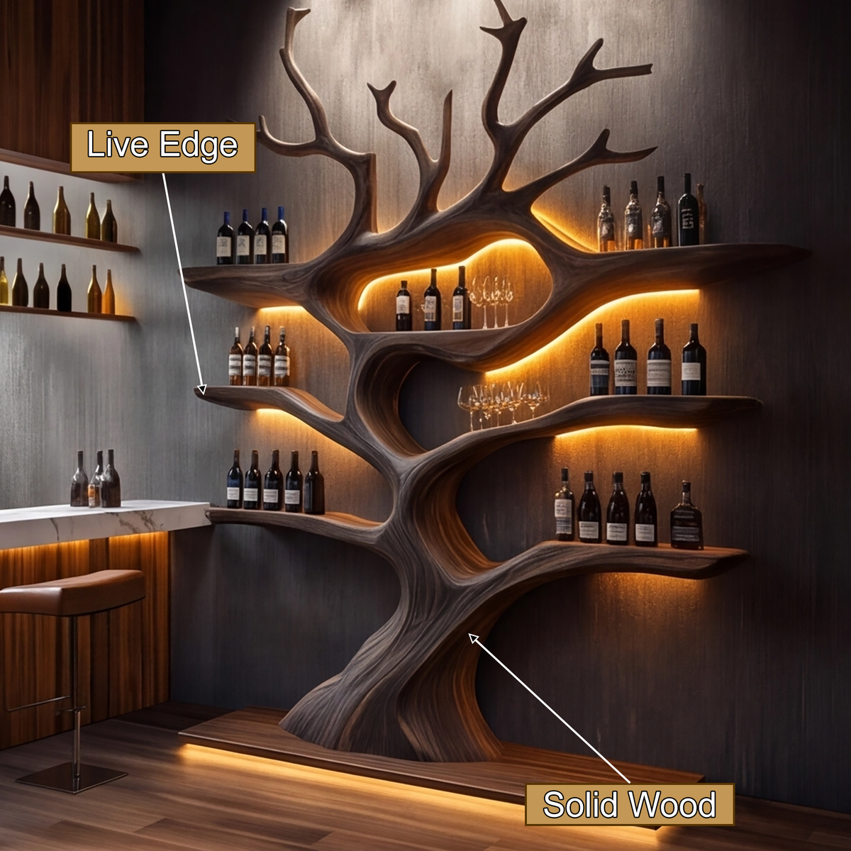 Illuminated Solid Hardwood Tree Wine Rack with LED Backlight - view 2