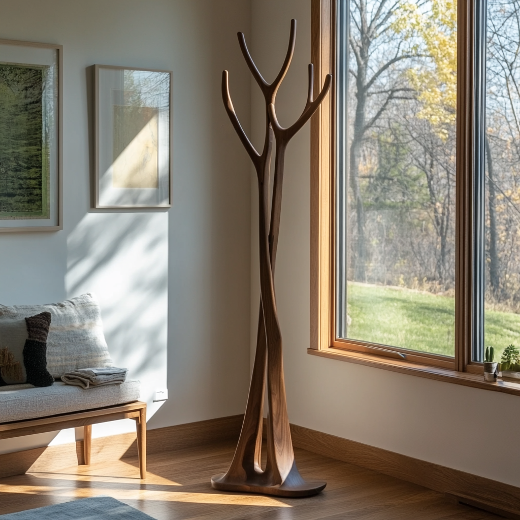 Sculpted Solid Wood Freestanding Tree Coat Rack with Curved Branches