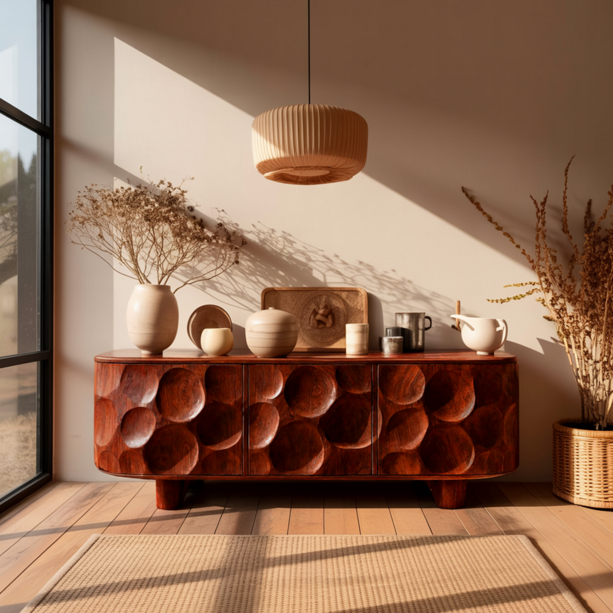 Sculpted Solid Walnut Sideboard Cabinet with Carved Concave Doors - view 2