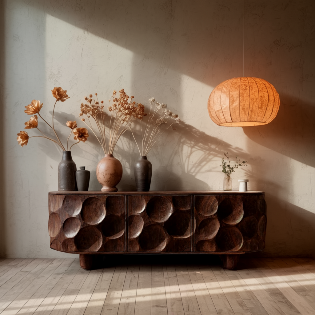 Sculpted Solid Walnut Sideboard Cabinet with Carved Concave Doors - view 3