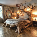 Rustic Solid Wood Bed Frame with Curved Lines, Queen or King