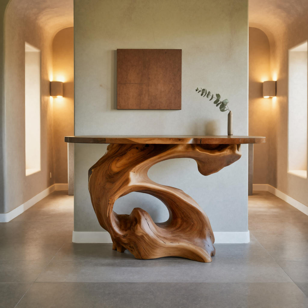 Live Edge Slab Console Table with Sculptural Solid Wood Base
