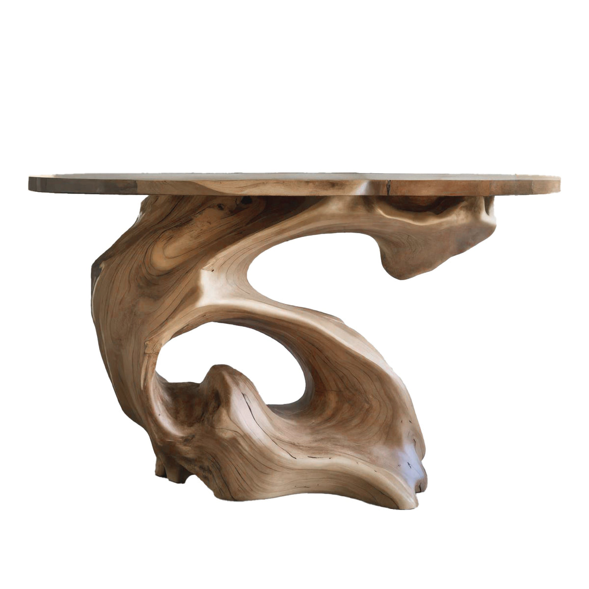 Live Edge Slab Console Table with Sculptural Solid Wood Base in Natural Oak finish