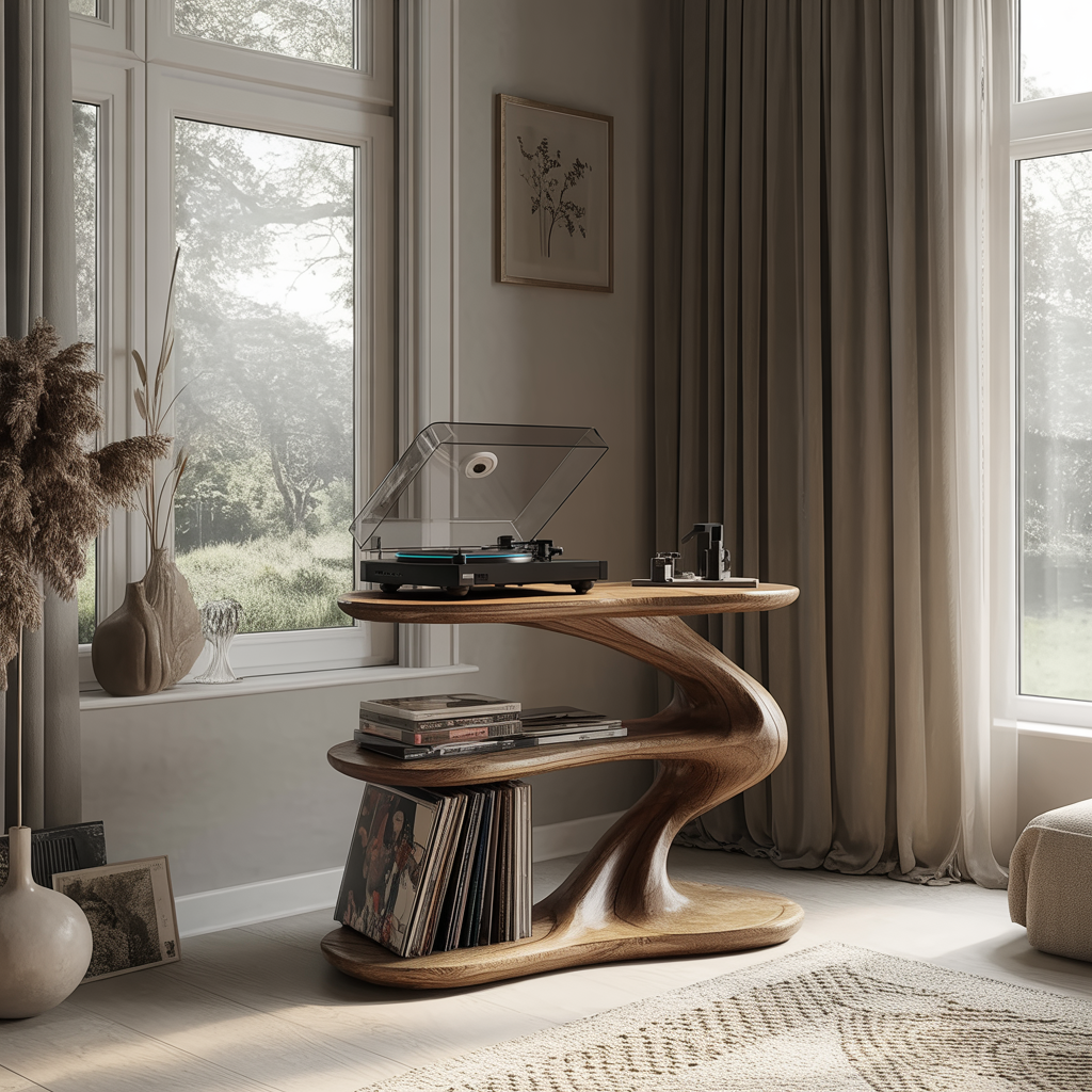 Sculpted Solid Wood Record Player Stand with Wave Contours