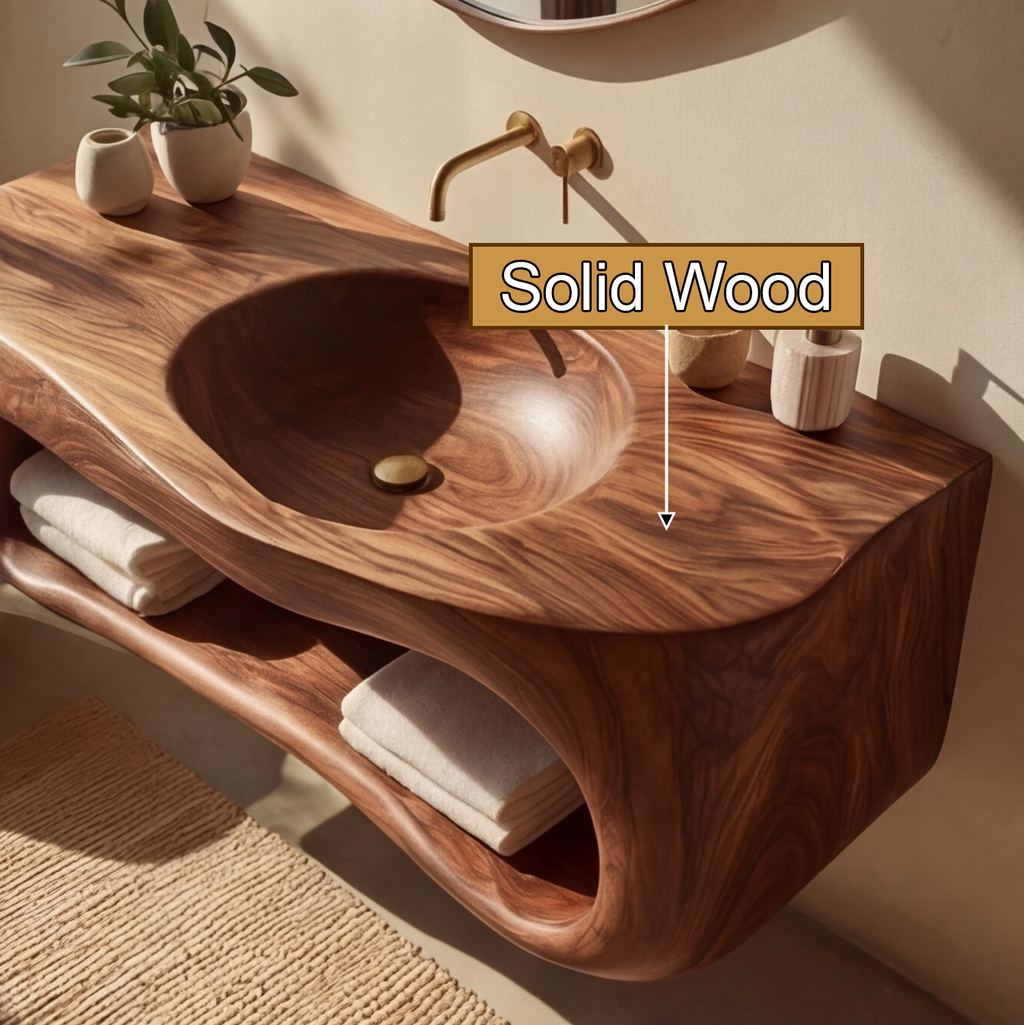 Solid Wood Floating Bathroom Vanity with Carved Integrated Sink - view 3
