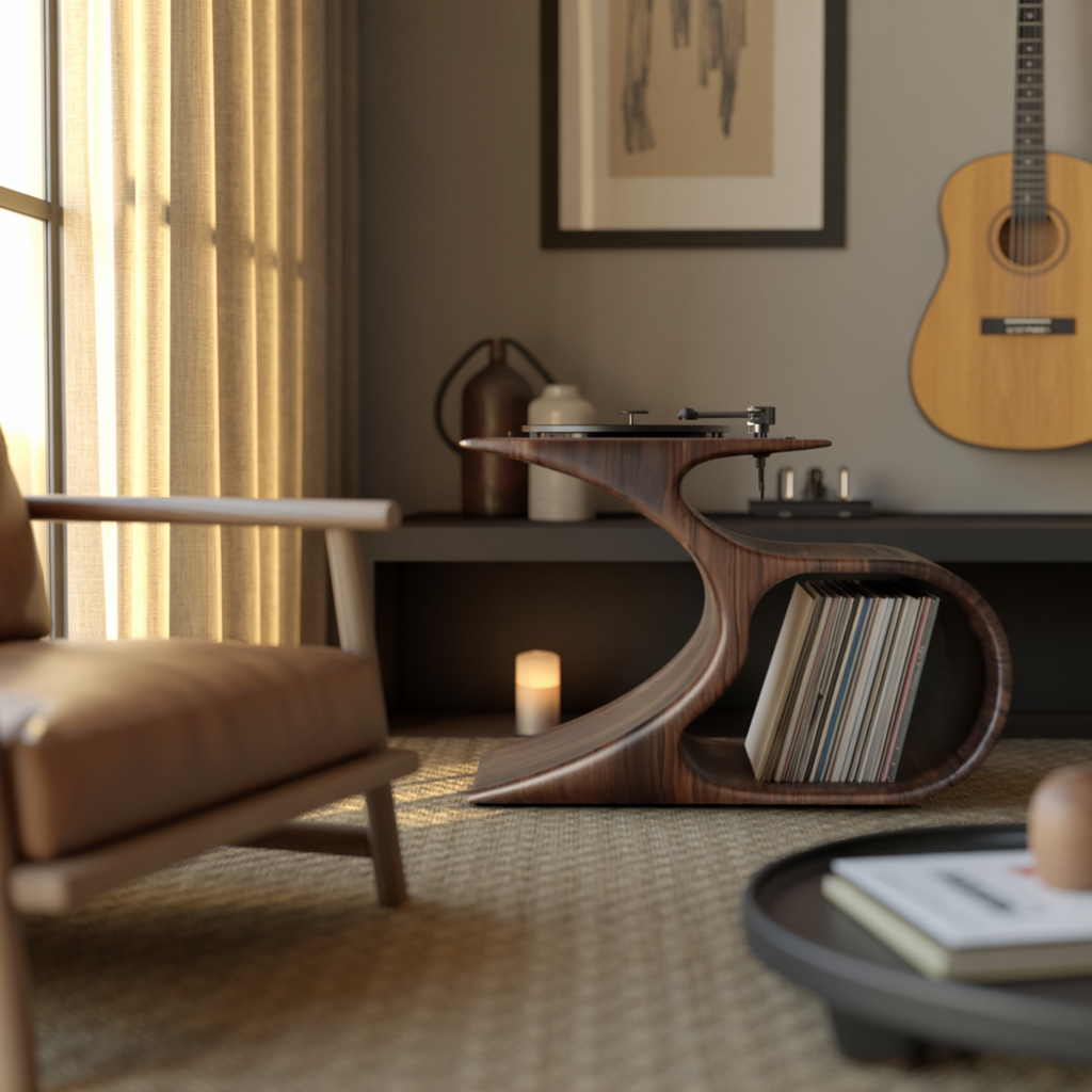 Sculpted Solid Wood Record Player Stand with Curved Vinyl Storage - view 3