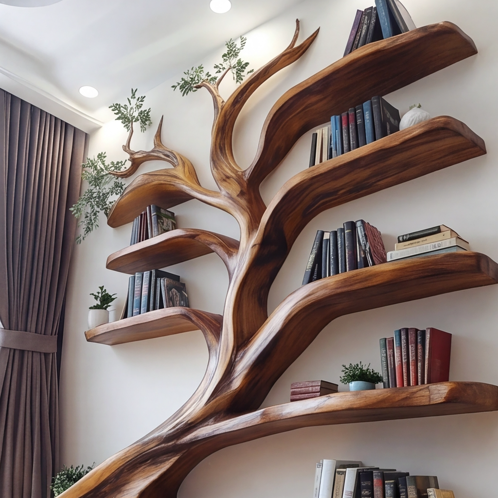 Leaning Tree Live Edge Solid Wood Bookshelf, Floor Standing - view 5