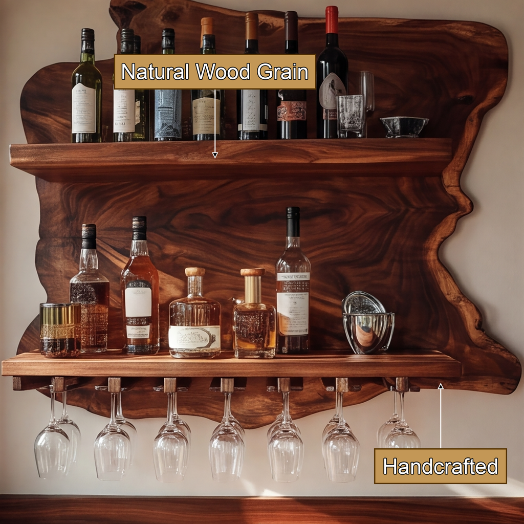Live Edge Wood Wall Wine Shelf with Integrated Stemware Rack - view 9