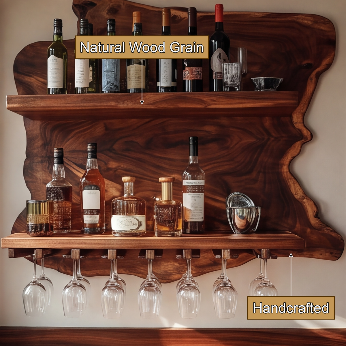 Live Edge Wood Wall Wine Shelf with Integrated Stemware Rack - view 9