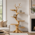 Tall Solid Hardwood Tree Bookshelf with Branch Display Shelves in Natural Oak finish