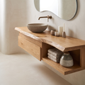 Floating Live Edge Hardwood Vanity with Drawers and Open Shelf in Natural Oak finish