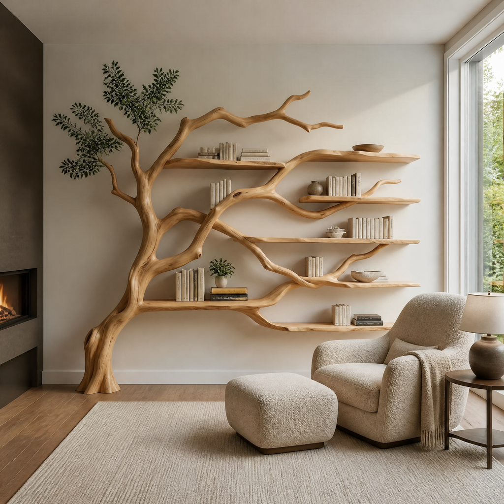 Solid Wood Tree Bookshelf with Wide Sculpted Branch Shelves in Natural Oak finish