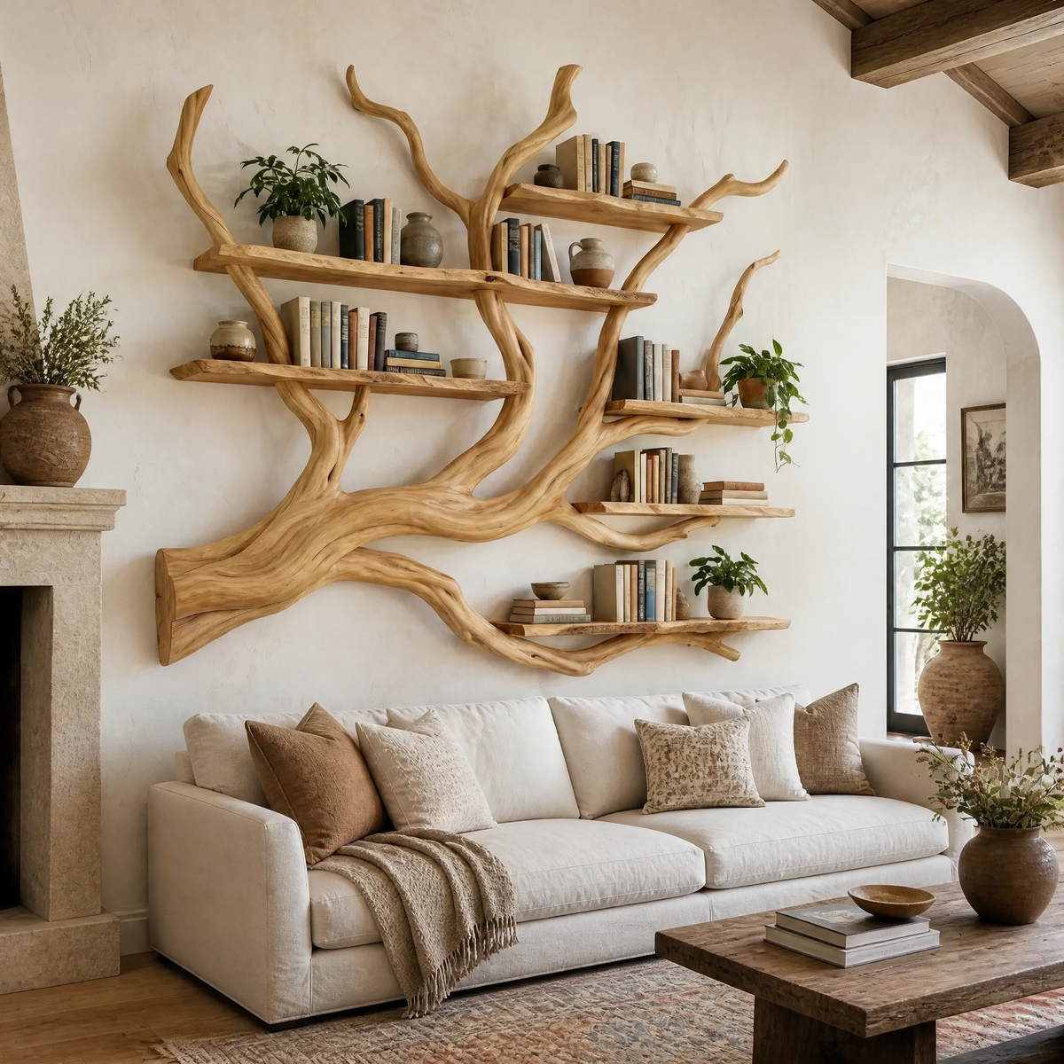 Solid Hardwood Floating Tree Bookshelf with Branching Canopy in Natural Oak finish
