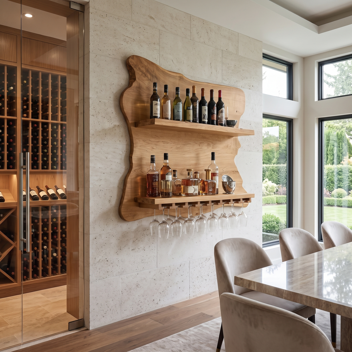 Live Edge Wood Wall Wine Shelf with Integrated Stemware Rack in Natural Oak finish