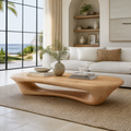Sculpted Solid Wood Loop Base Coffee Table with Rounded Top in Natural Oak finish