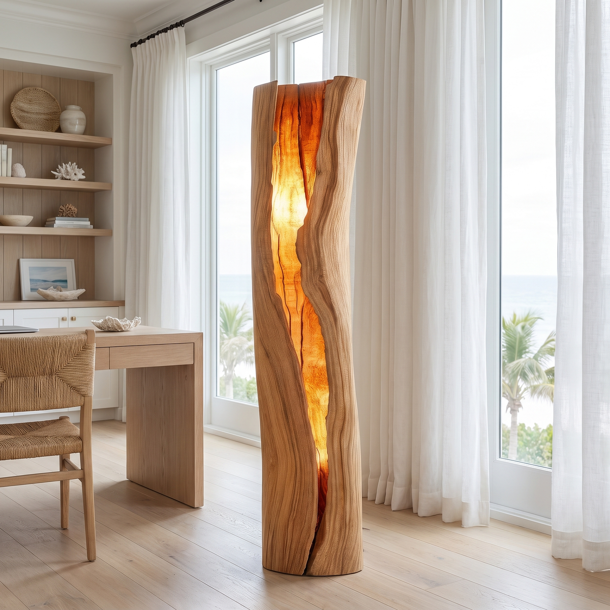 Live Edge Solid Hardwood Floor Lamp with Integrated LED Fissure in Natural Oak finish