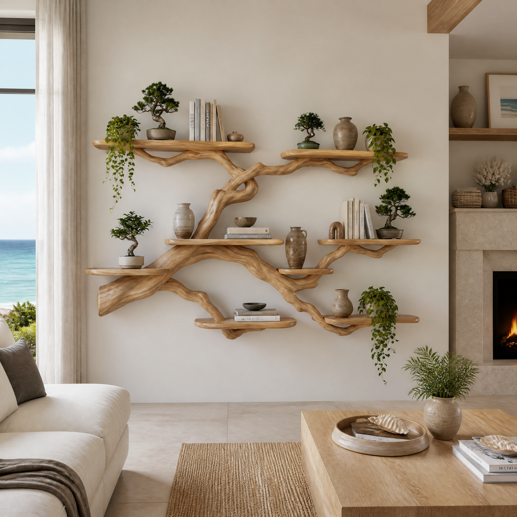 Solid Hardwood Floating Tree Bookshelf with Wide Branching Shelves in Natural Oak finish