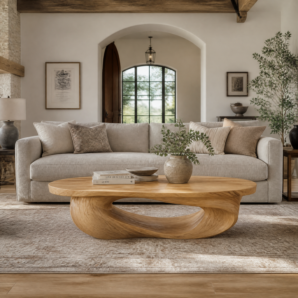 Low Sculpted Wood Coffee Table with Oval Loop Base in Natural Oak finish