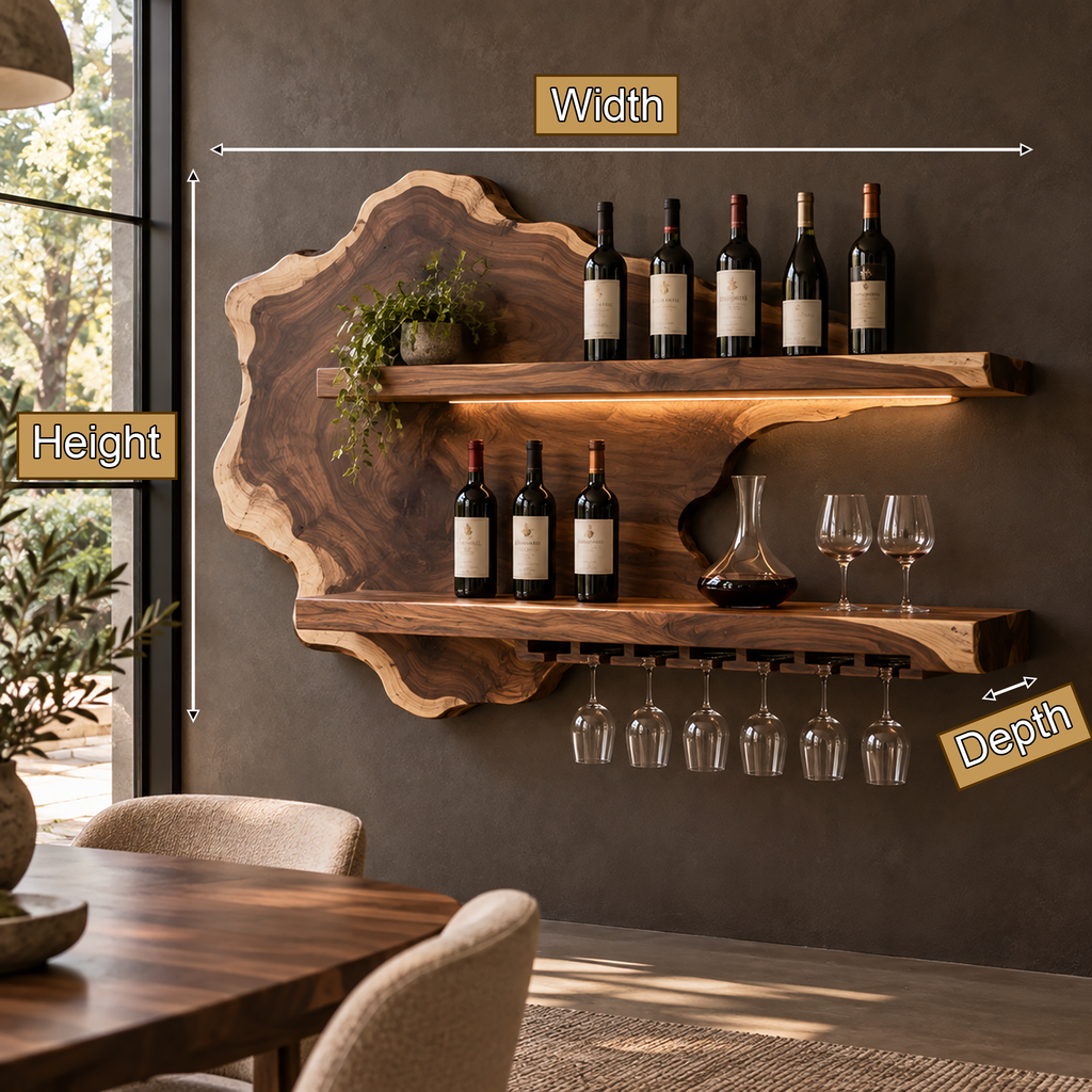 Live Edge Floating Wine Shelf with Back Panel and Stemware Rack - view 8