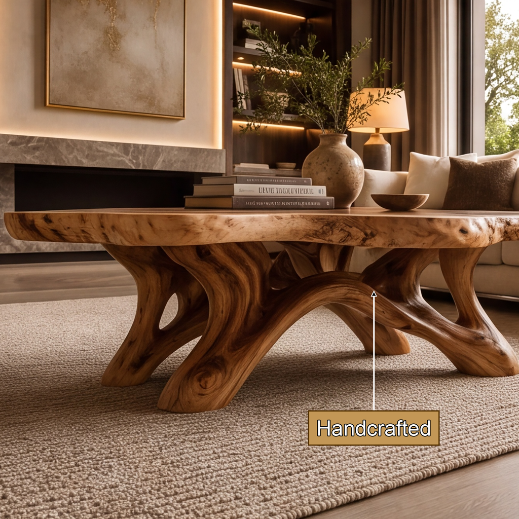 Solid Hardwood Coffee Table with Natural Edge Top and Arched Root Base - view 10