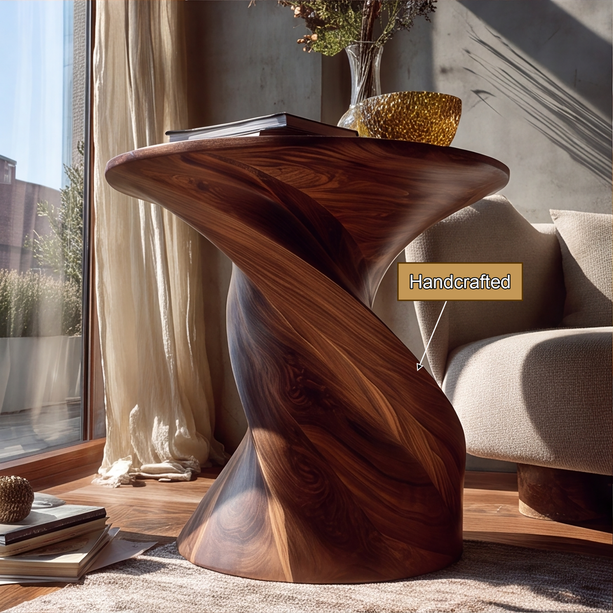 Twisted Pedestal Solid Wood Side Table with Round Top - view 3