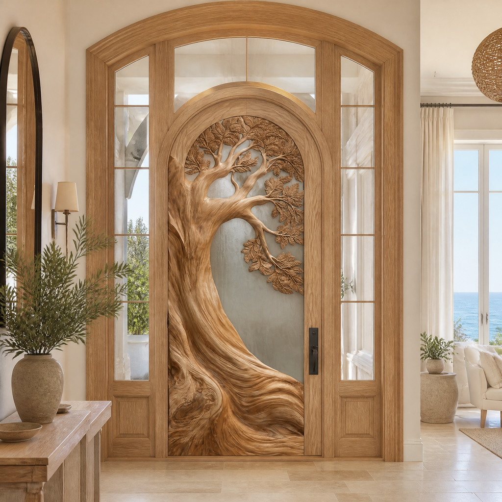 Carved Tree Relief Solid Wood Arched Door with Textured Glass in Natural Oak finish