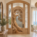 Carved Tree Relief Solid Wood Arched Door with Textured Glass in Natural Oak finish