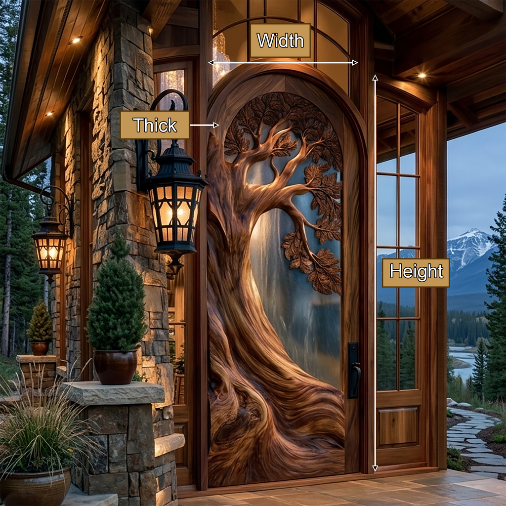 Carved Tree Relief Solid Wood Arched Door with Textured Glass - view 8