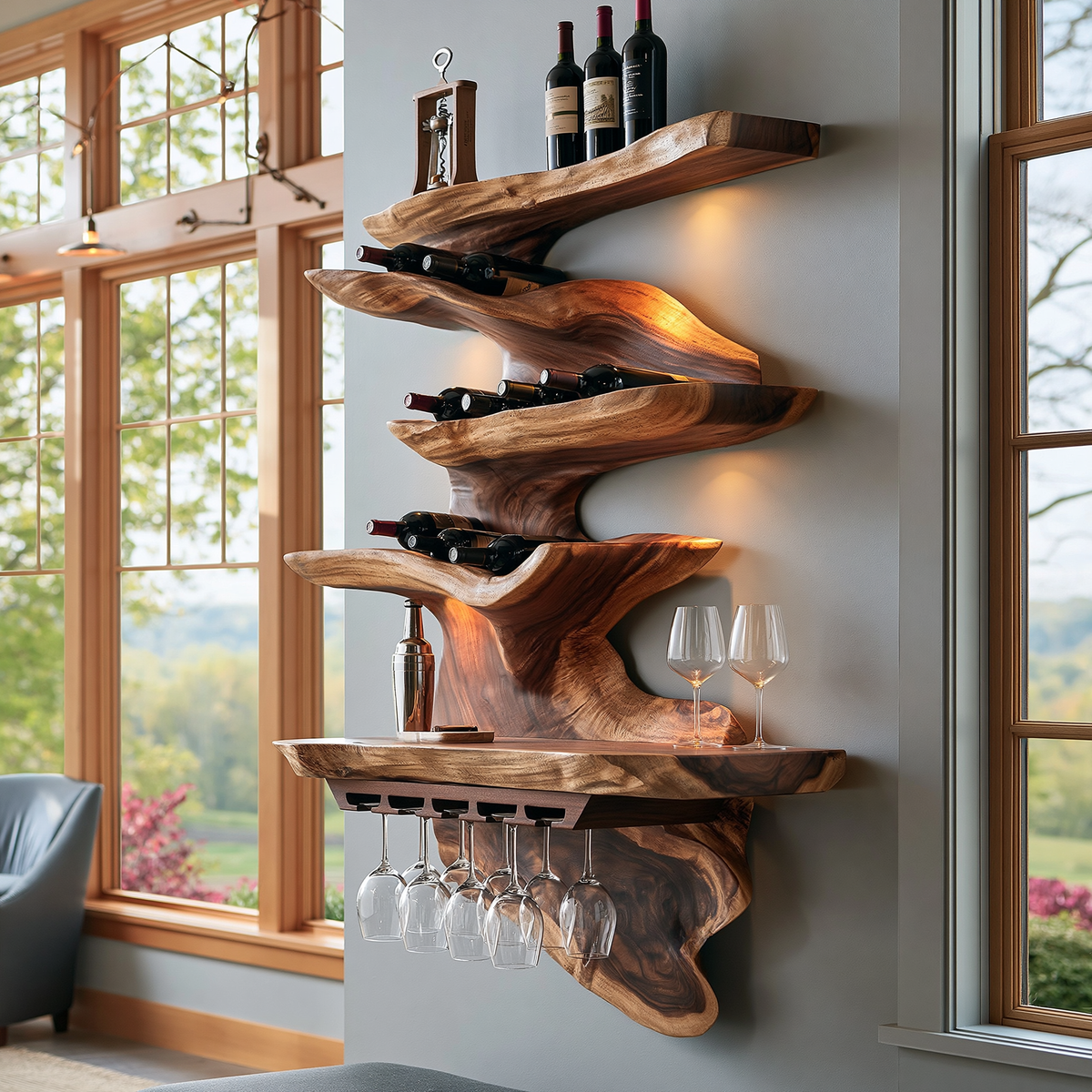 Live Edge Solid Wood Floating Wine Shelf in Stepped Tiers