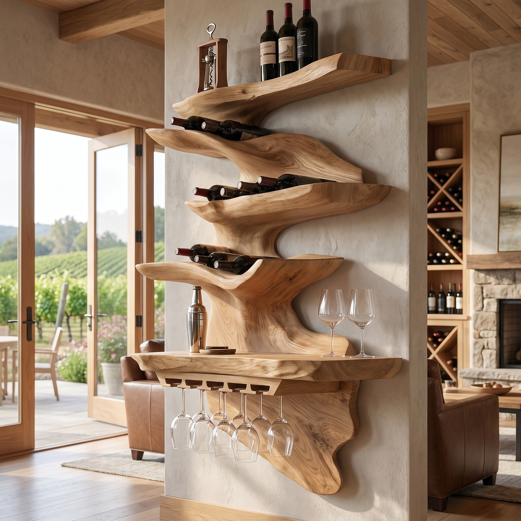 Live Edge Solid Wood Floating Wine Shelf in Stepped Tiers in Natural Oak finish