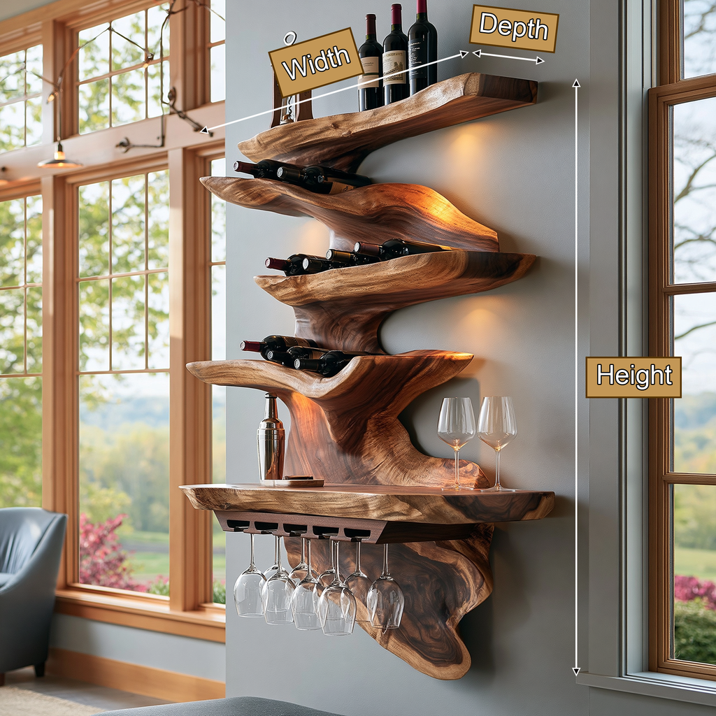 Live Edge Solid Wood Floating Wine Shelf in Stepped Tiers - view 8