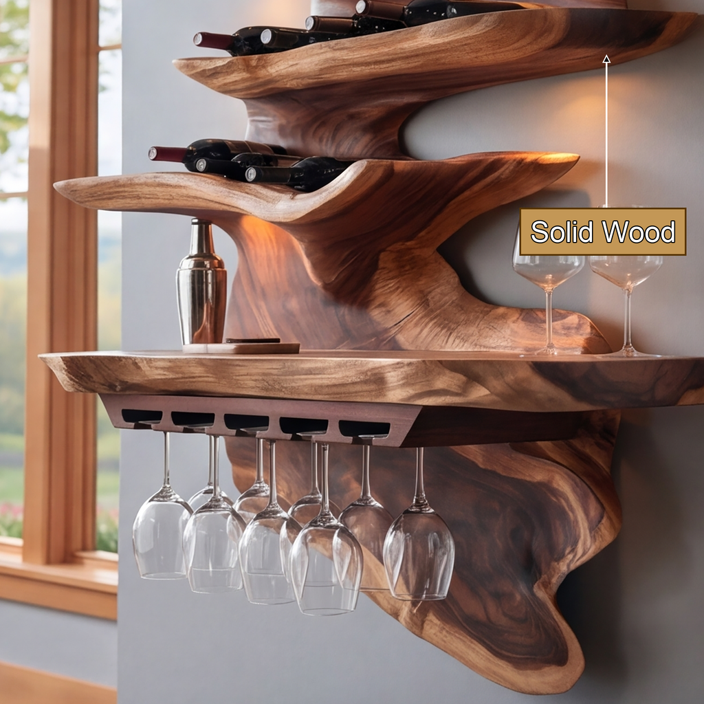 Live Edge Solid Wood Floating Wine Shelf in Stepped Tiers - view 9