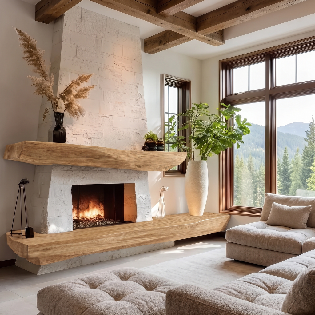 Solid Wood Fireplace Mantel Shelf with Sculpted Underside in Natural Oak finish