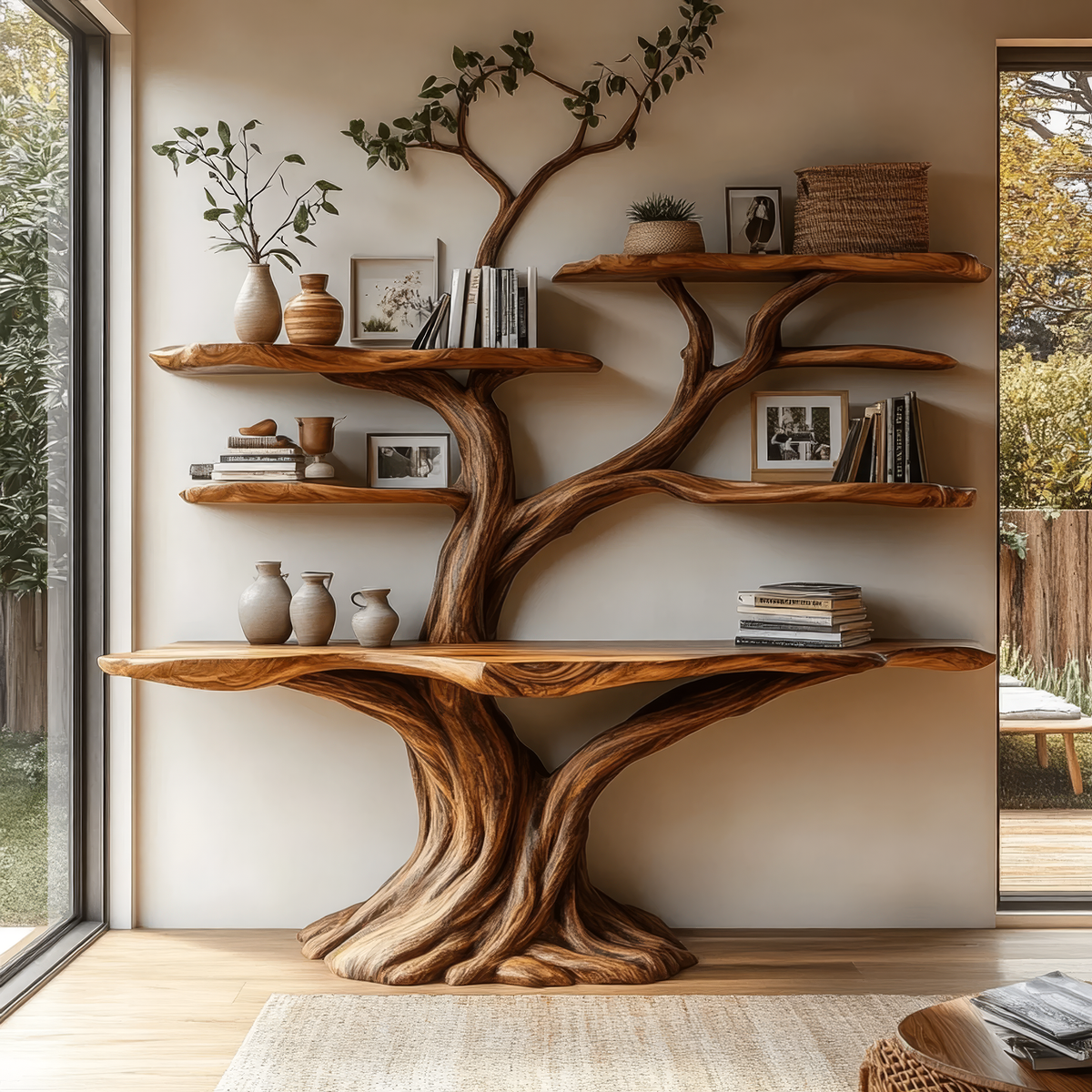 Symmetrical Tree Solid Wood Console Table with Upper Shelves