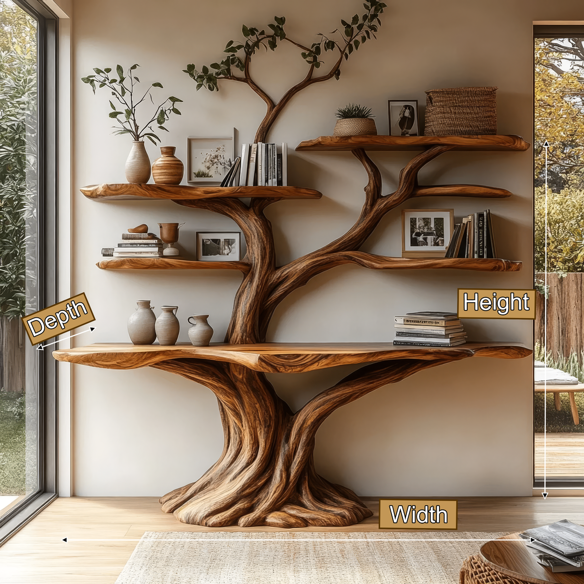 Symmetrical Tree Solid Wood Console Table with Upper Shelves - view 2