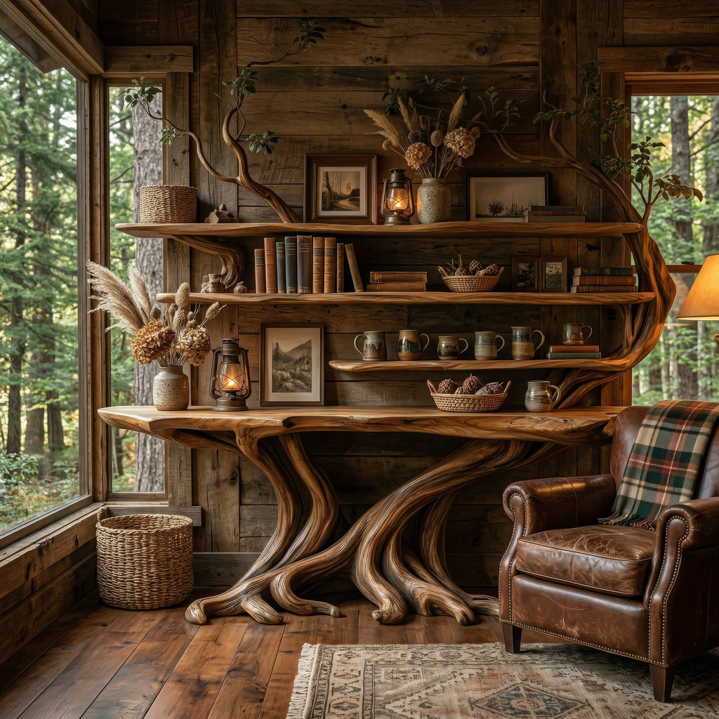 Tree Root Solid Wood Console Table with Live Edge Wall Shelves