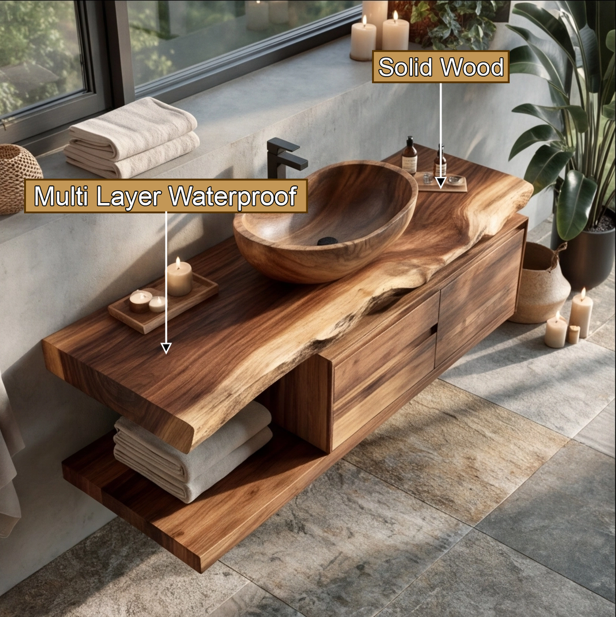 Live Edge Solid Wood Floating Vanity with Soft-Close Drawers - view 12