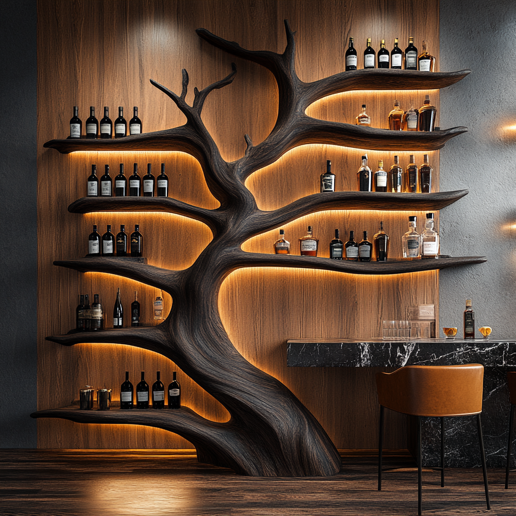 Solid Wood Tree Wine Rack with Integrated LED Backlit Branch Shelves