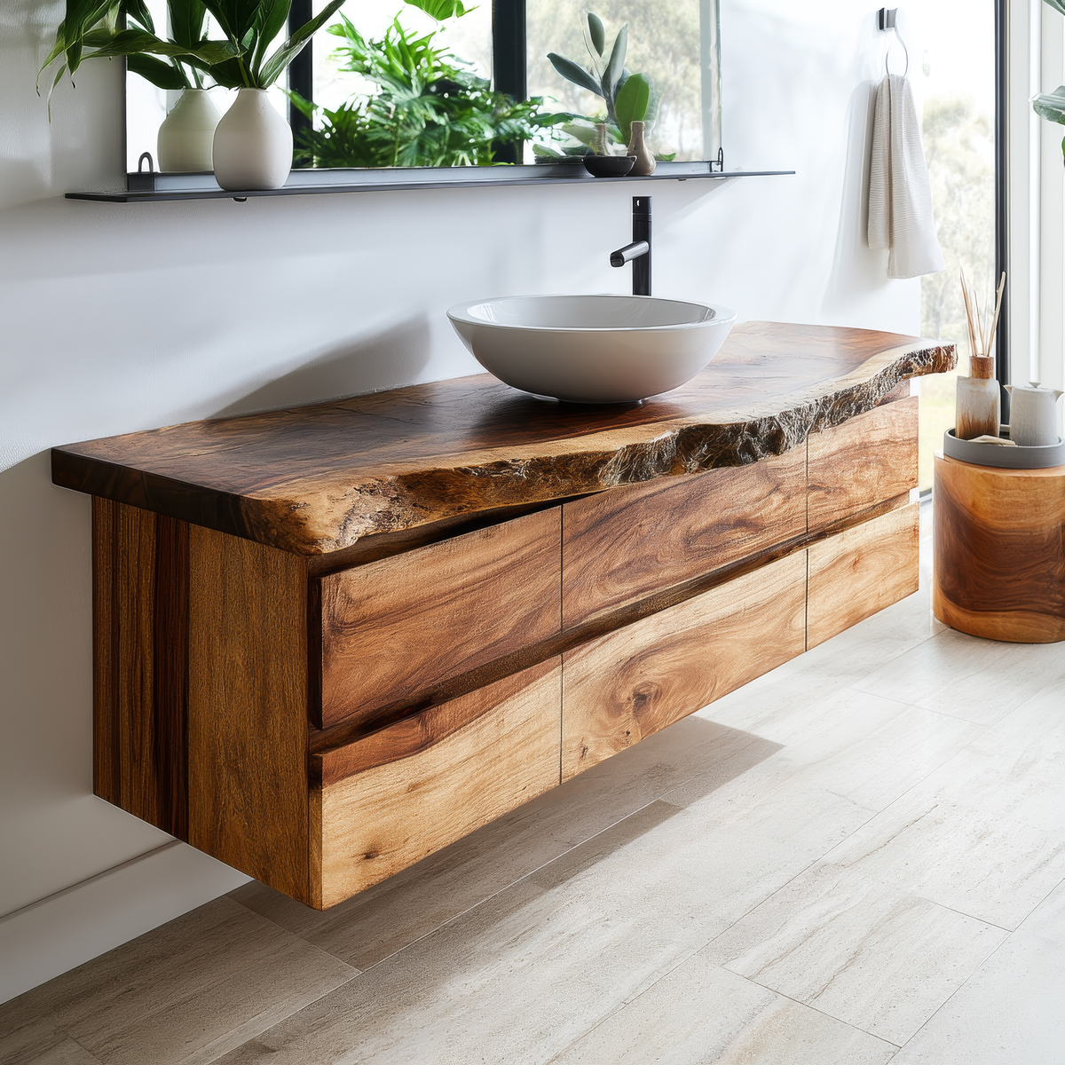 Live Edge Solid Hardwood Floating Bathroom Vanity with Drawers