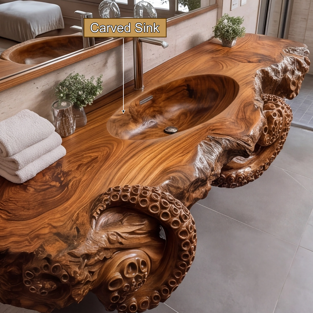 Octopus Carved Live Edge Floating Vanity with Integrated Sink - view 3