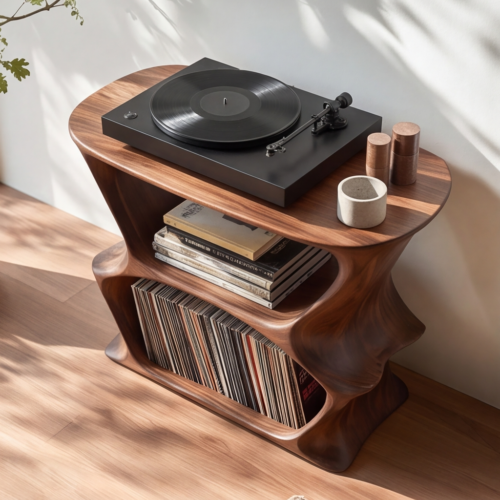 Solid Wood Open Frame Record Player Stand with Two Vinyl Cubbies - view 2