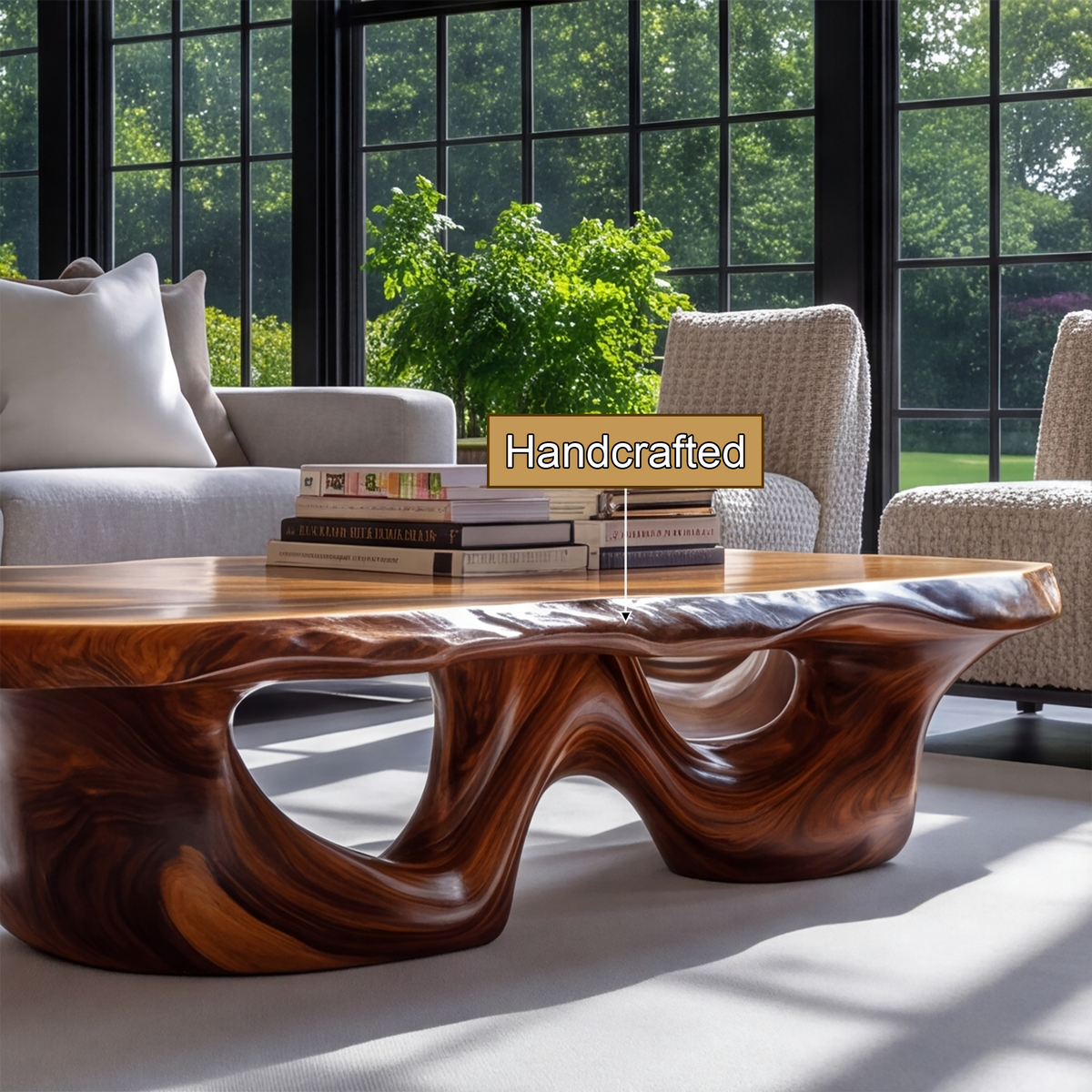 Live Edge Solid Wood Coffee Table with Flowing Pedestal Base - view 9