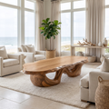 Live Edge Solid Wood Coffee Table with Flowing Pedestal Base in Natural Oak finish