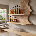 Live Edge Slab Floating Wine Shelf with Two Oversized Ledges in Natural Oak finish