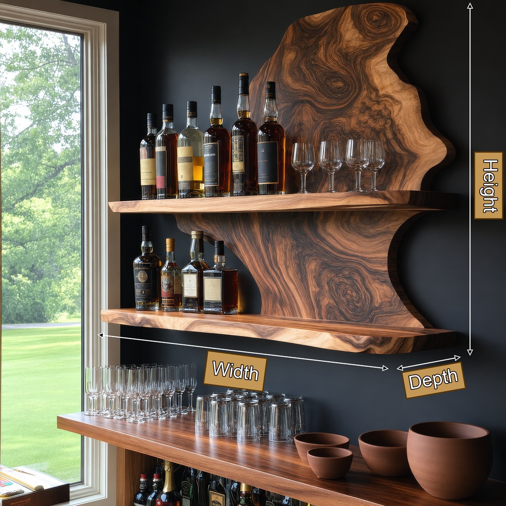 Live Edge Slab Floating Wine Shelf with Two Oversized Ledges - view 8