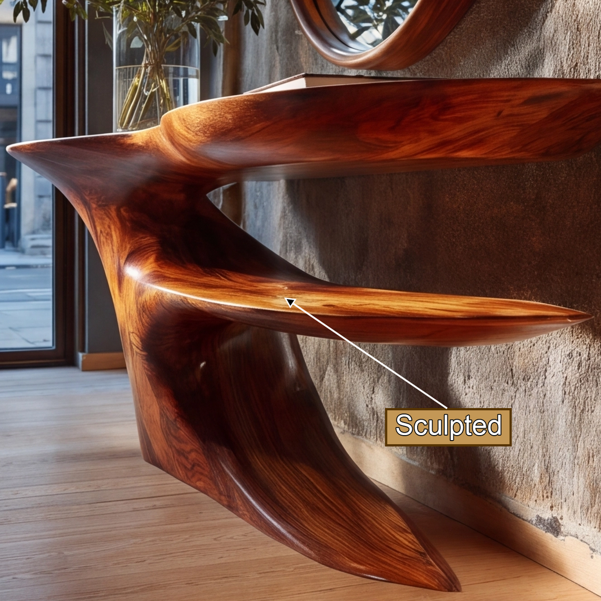 Cantilever Sculpted Solid Wood Console Table with Lower Shelf - view 11